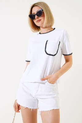 Midye Dikişli T-shirt Beyaz - Kadın Giyim Modelleri