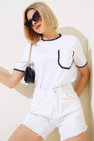 Midye Dikişli T-shirt Beyaz - Yeni Giyim