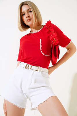 Midye Dikişli T-shirt Kırmızı 