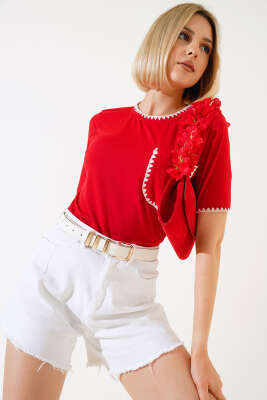 Midye Dikişli T-shirt Kırmızı - Kadın Giyim Modelleri