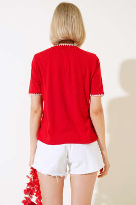 Midye Dikişli T-shirt Kırmızı - Kadın Giyim Modelleri