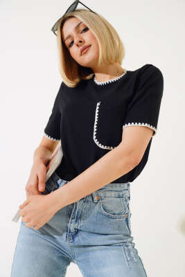 Midye Dikişli T-shirt Siyah - Kadın Giyim Modelleri