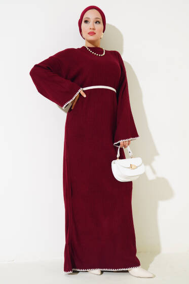 Midye Dikişli Triko Elbise Bordo - Elbise