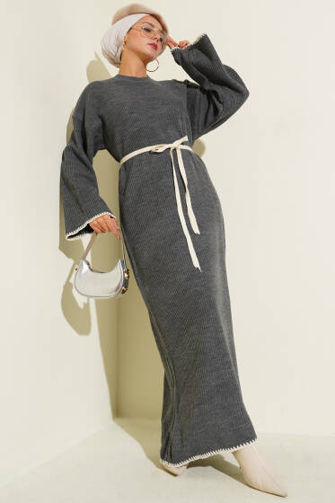 Midye Dikişli Triko Elbise Füme - Elbise