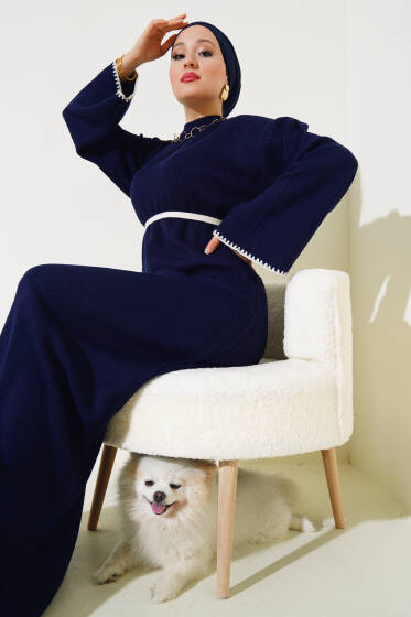 Midye Dikişli Triko Elbise Lacivert - Elbise