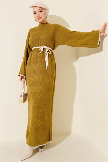 Midye Dikişli Triko Elbise Yağ Yeşili - Elbise