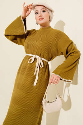 Midye Dikişli Triko Elbise Yağ Yeşili - Elbise