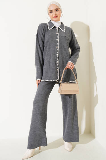 Midye Dikişli Triko İkili Takım Füme - İkili Takım