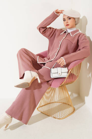 Midye Dikişli Triko İkili Takım Gül Kurusu - İkili Takım