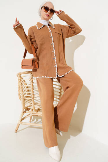 Midye Dikişli Triko İkili Takım Latte - İkili Takım