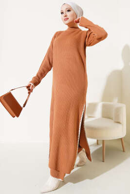 Midye Dikişli Uzun Tunikli Triko Takım Bisküvi - Triko İkili Takım
