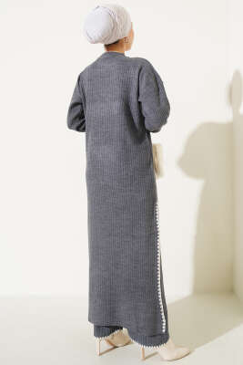 Midye Dikişli Uzun Tunikli Triko Takım Füme - Triko İkili Takım