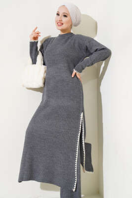 Midye Dikişli Uzun Tunikli Triko Takım Füme - Triko İkili Takım