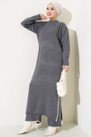 Midye Dikişli Uzun Tunikli Triko Takım Füme - Triko