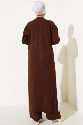 Midye Dikişli Uzun Tunikli Triko Takım Kahve - Triko İkili Takım