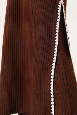 Midye Dikişli Uzun Tunikli Triko Takım Kahve - Triko İkili Takım