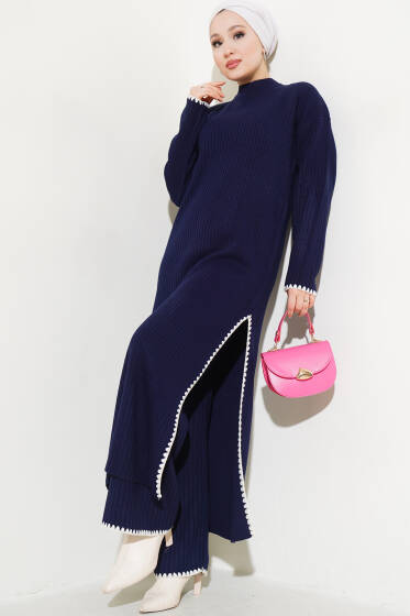 Midye Dikişli Uzun Tunikli Triko Takım Lacivert - Triko