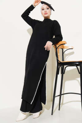Midye Dikişli Uzun Tunikli Triko Takım Siyah - Triko İkili Takım