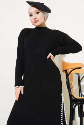 Midye Dikişli Uzun Tunikli Triko Takım Siyah - Triko İkili Takım