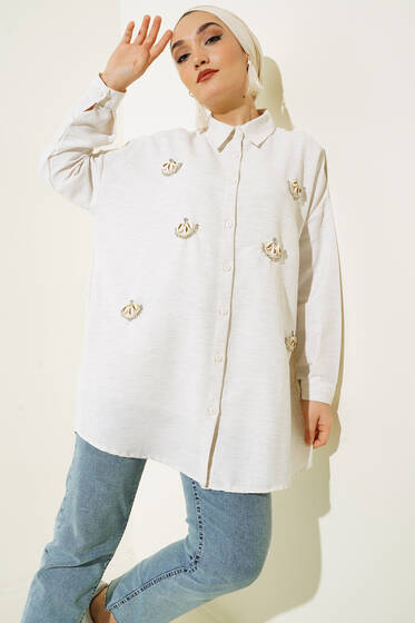 Midye İşlemeli Keten Gömlek Bej - Gömlek