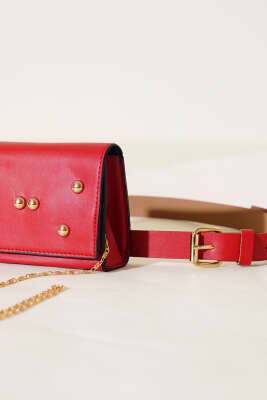 Mıknatıslı Önü Zımbalı Mini Bel Çanta Kırmızı - Yılın Fırsatı