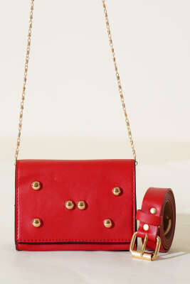 Mıknatıslı Önü Zımbalı Mini Bel Çanta Kırmızı - Yılın Fırsatı