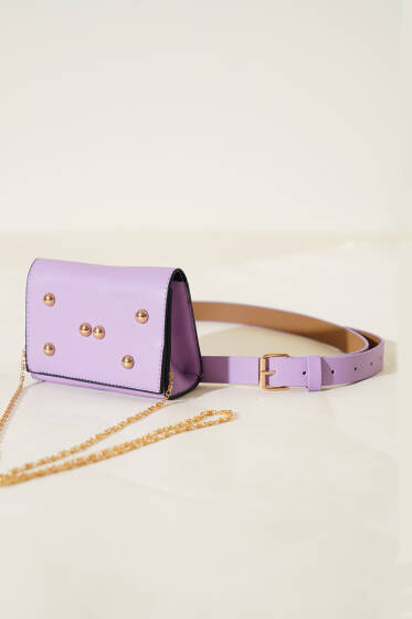 Mıknatıslı Önü Zımbalı Mini Bel Çanta Lila - Bel Çantası