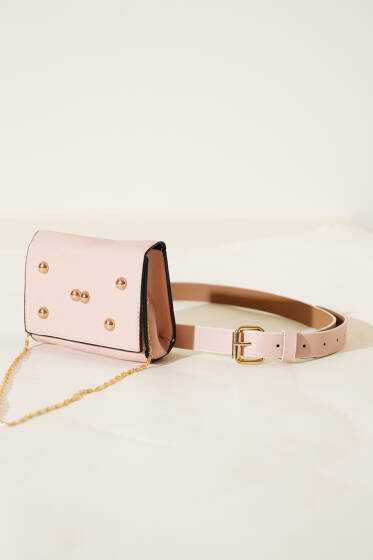 Mıknatıslı Önü Zımbalı Mini Bel Çanta Somon - Bel Çantası