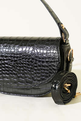 Mıknatıslı Oval El Çanta Siyah Kroko - Kol Çantası