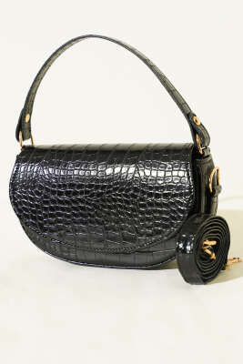 Mıknatıslı Oval El Çanta Siyah Kroko 