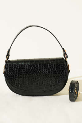Mıknatıslı Oval El Çanta Siyah Kroko - Yılın Fırsatı