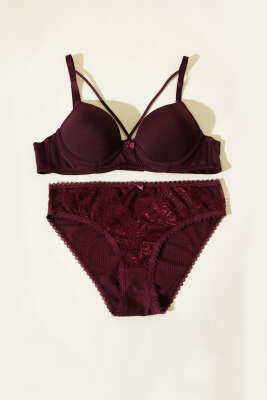 Mikro Çapraz İp Askılı Destekli Sütyen Takım Mürdüm - İndirim İç Giyim