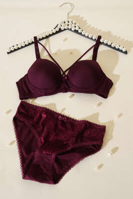 Mikro Çapraz İp Askılı Destekli Sütyen Takım Mürdüm - İndirim İç Giyim