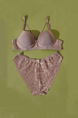 Mikro Çapraz İp Askılı Destekli Sütyen Takım Vizon - İndirim İç Giyim