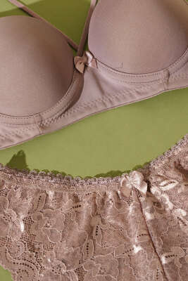 Mikro Çapraz İp Askılı Destekli Sütyen Takım Vizon - İndirim İç Giyim