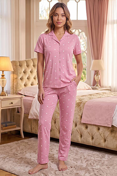 Milano Gömlek Yaka Kısa Kol Pijama Takımı Pembe - Pijama