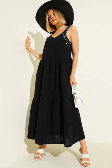 Mini Boncuk Detaylı Elbise Siyah - Kadın Giyim Modelleri