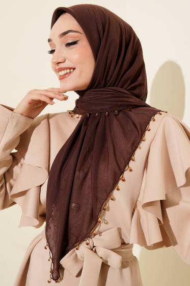 Mini Boncuk Detaylı Eşarp Acı Kahve - Başörtüsü