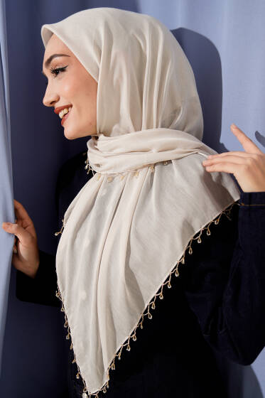 Mini Boncuk Detaylı Eşarp Bej - Başörtüsü