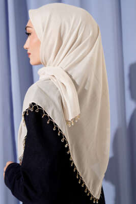 Mini Boncuk Detaylı Eşarp Bej - Başörtüsü