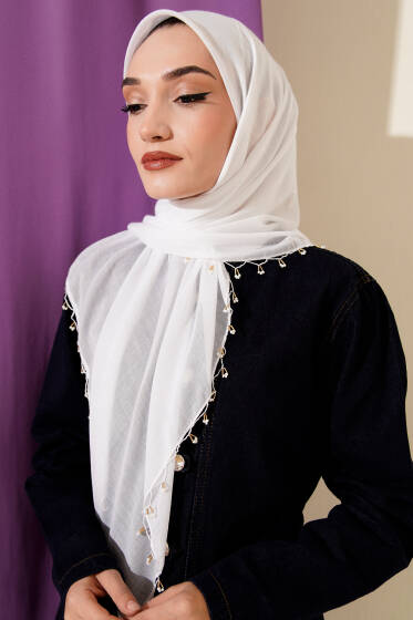 Mini Boncuk Detaylı Eşarp Beyaz - Başörtüsü