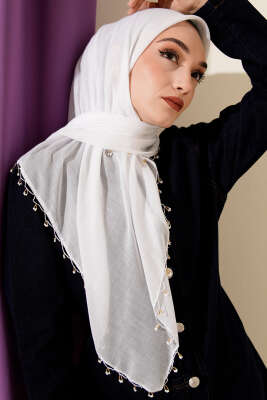 Mini Boncuk Detaylı Eşarp Beyaz - Başörtüsü