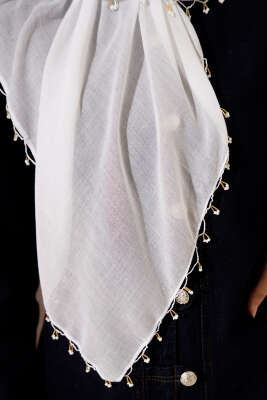 Mini Boncuk Detaylı Eşarp Beyaz - Başörtüsü