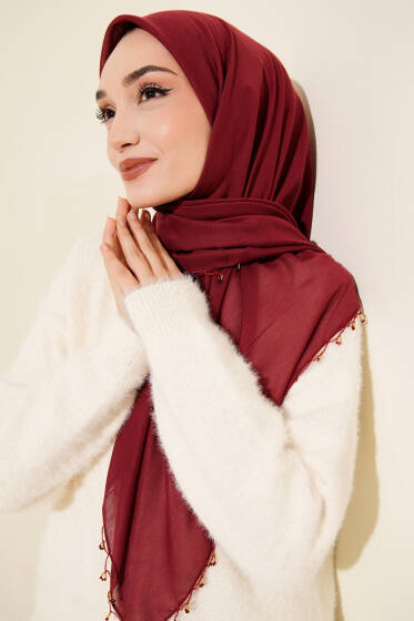 Mini Boncuk Detaylı Eşarp Bordo - Başörtüsü
