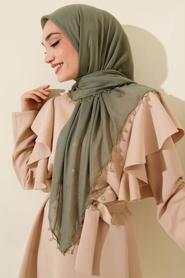 Mini Boncuk Detaylı Eşarp Çağla Yeşili - Başörtüsü