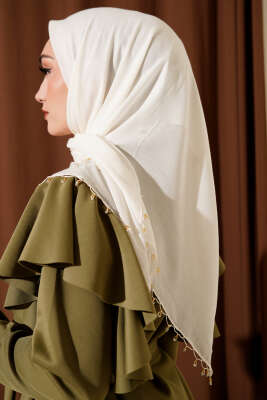 Mini Boncuk Detaylı Eşarp Ekru - Başörtüsü