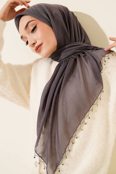 Mini Boncuk Detaylı Eşarp Füme - Başörtüsü