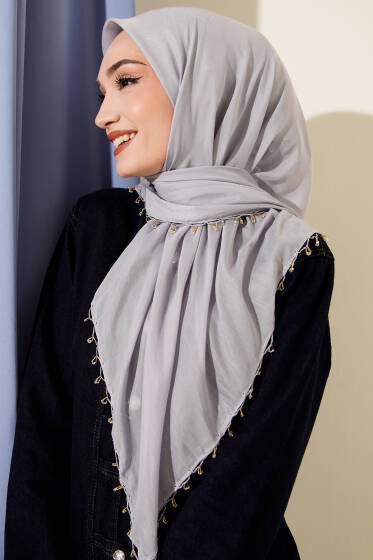 Mini Boncuk Detaylı Eşarp Gri - Başörtüsü