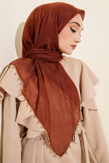 Mini Boncuk Detaylı Eşarp Kahve - Başörtüsü