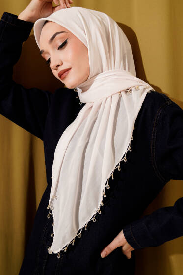 Mini Boncuk Detaylı Eşarp Krem - Başörtüsü
